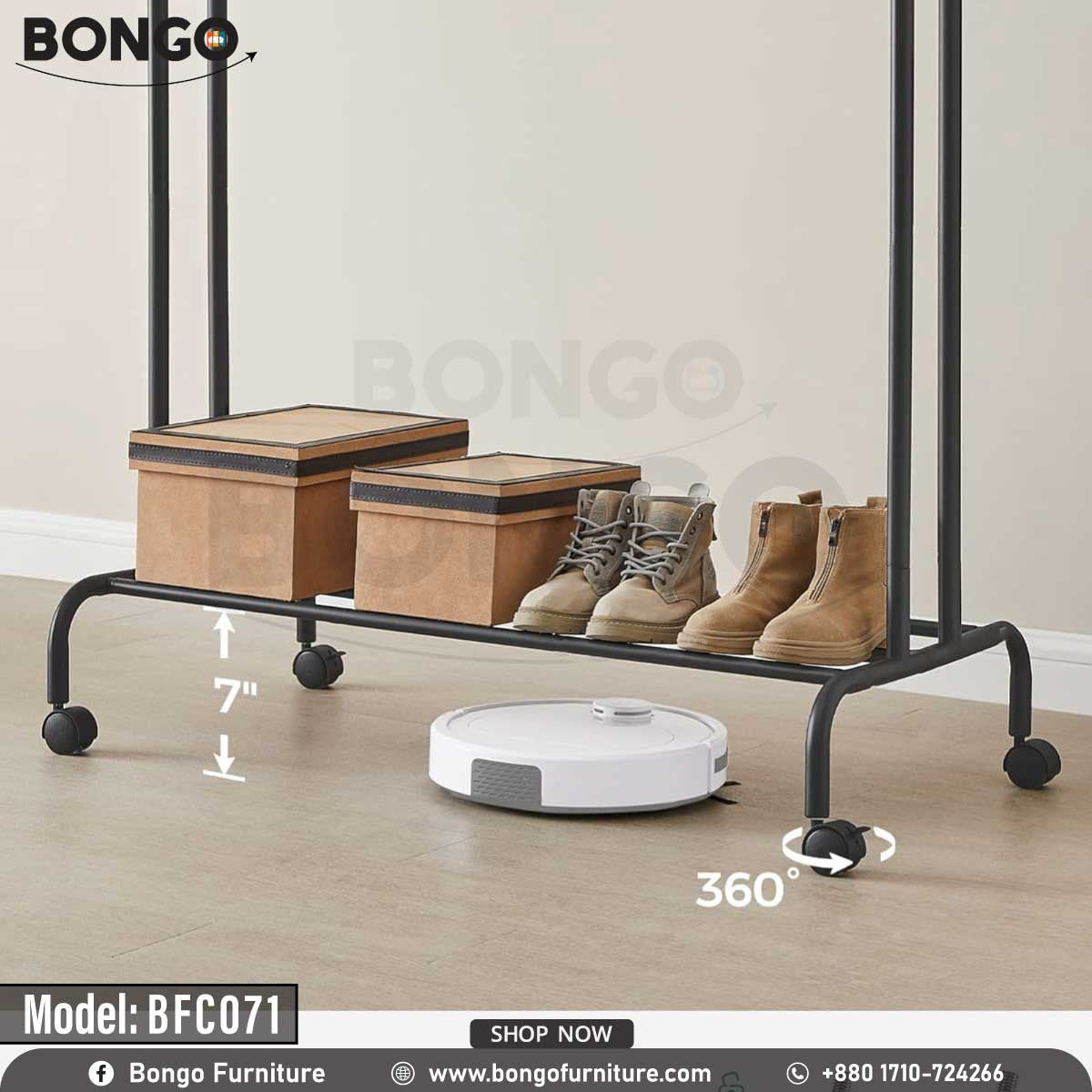 A black steel closet hanger with multiple hanging bars and a lower shelf, filled with various garments and accessories.