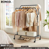 A black steel closet hanger with multiple hanging bars and a lower shelf, filled with various garments and accessories.
