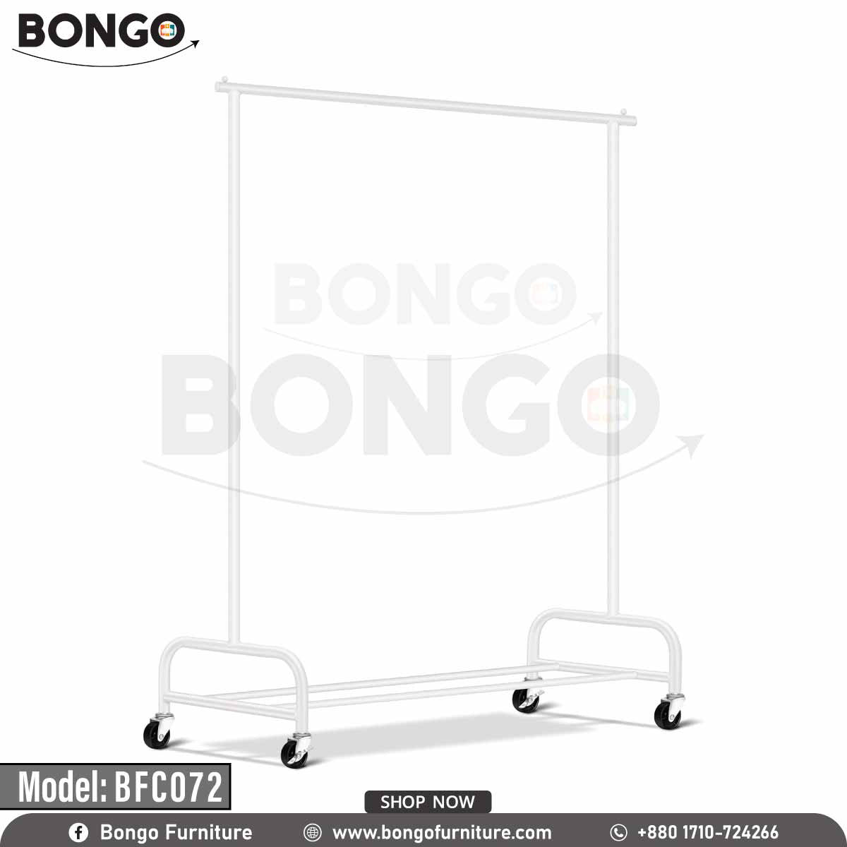 A modern, black metal garment rack from BONGO, shown against a white background. The mobile rack is on caster wheels and features a single hanging rod and a bottom shelf. It is staged with clothes on hangers, a handbag, and a pair of boots on the shelf.