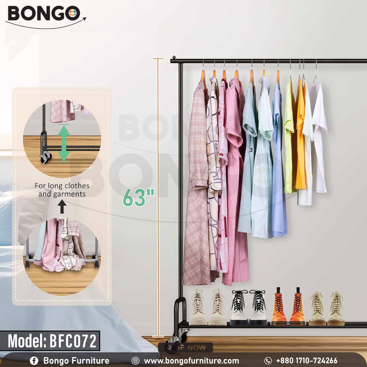 A modern, black metal garment rack from BONGO, shown against a white background. The mobile rack is on caster wheels and features a single hanging rod and a bottom shelf. It is staged with clothes on hangers, a handbag, and a pair of boots on the shelf.