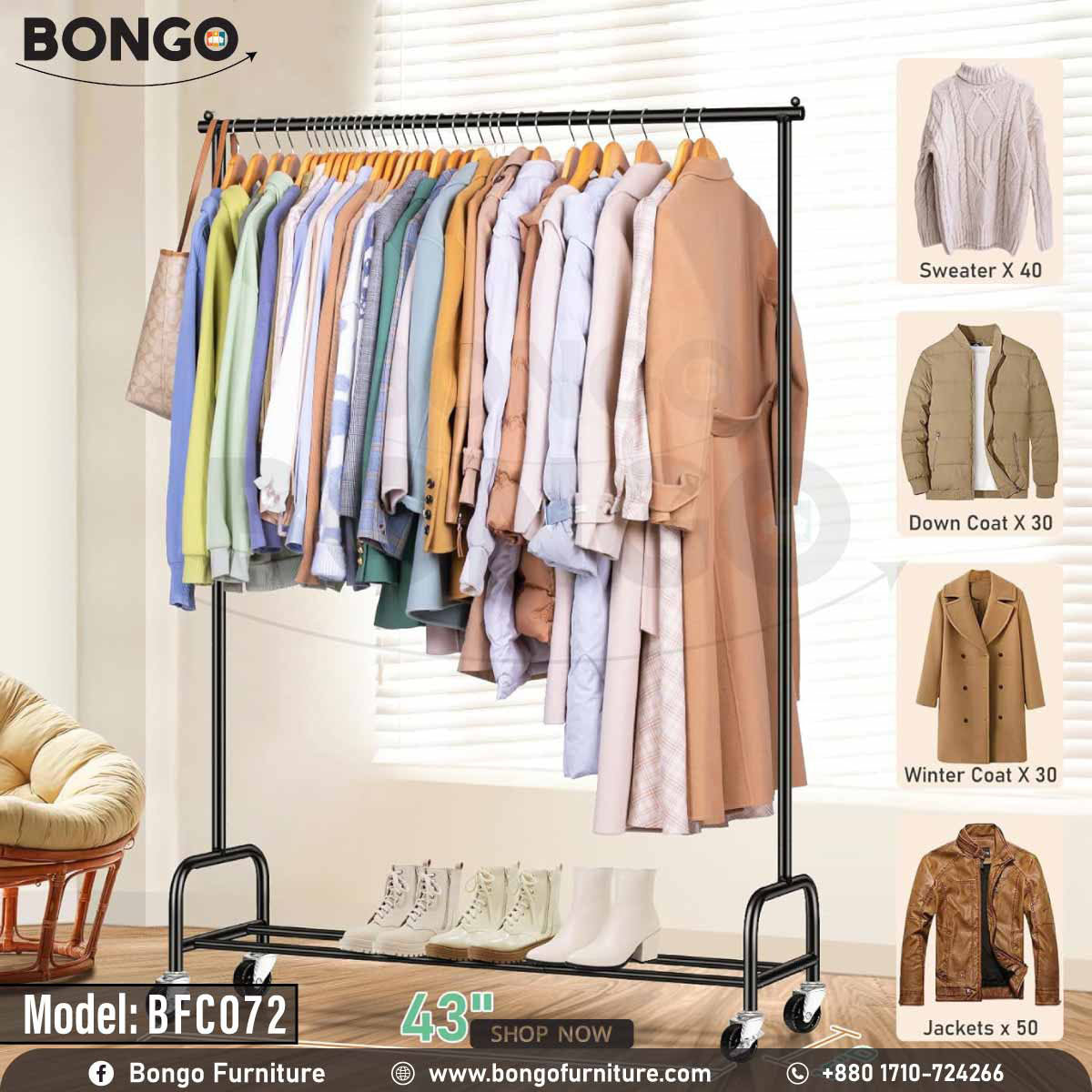 A modern, black metal garment rack from BONGO, shown against a white background. The mobile rack is on caster wheels and features a single hanging rod and a bottom shelf. It is staged with clothes on hangers, a handbag, and a pair of boots on the shelf.