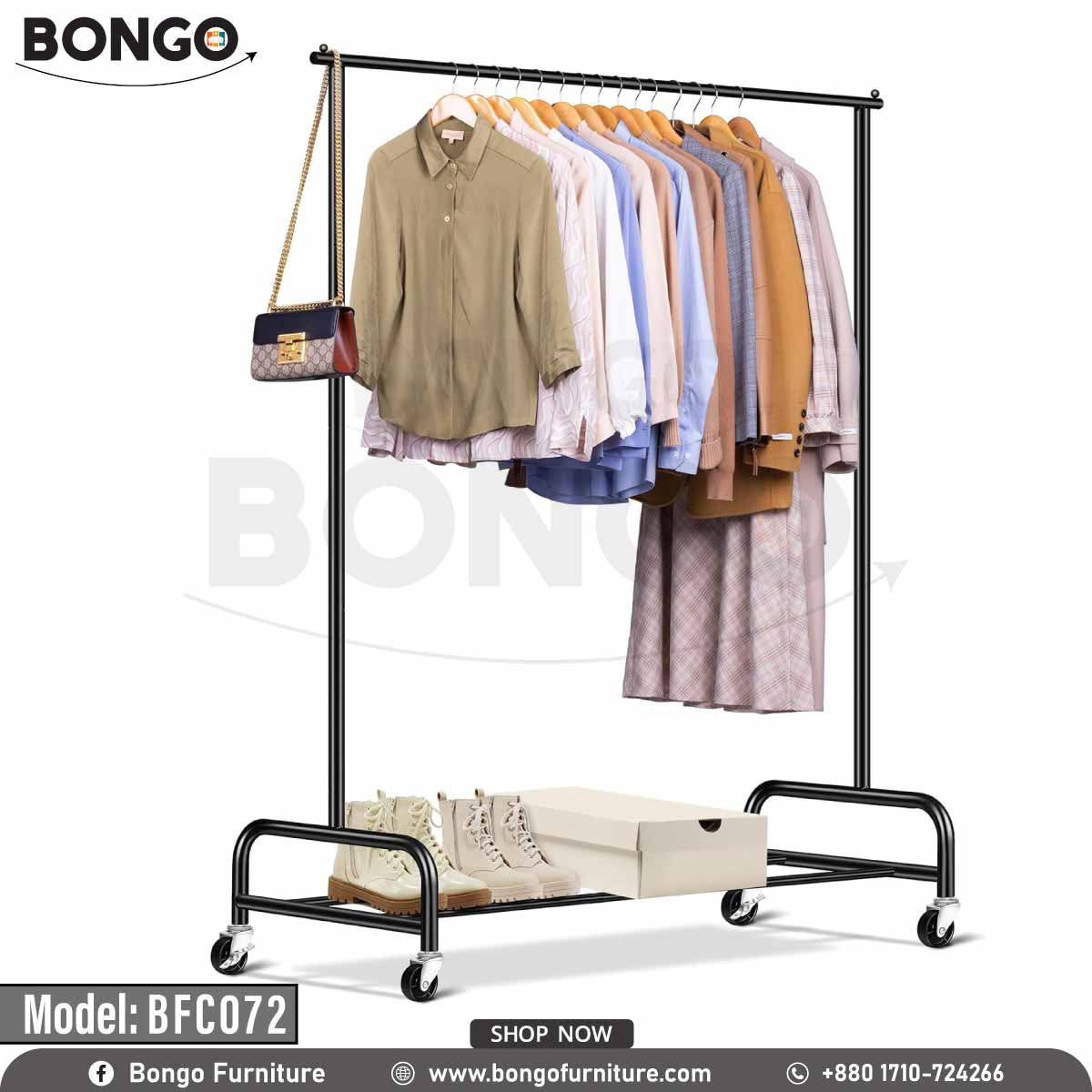 A modern, black metal garment rack from BONGO, shown against a white background. The mobile rack is on caster wheels and features a single hanging rod and a bottom shelf. It is staged with clothes on hangers, a handbag, and a pair of boots on the shelf.