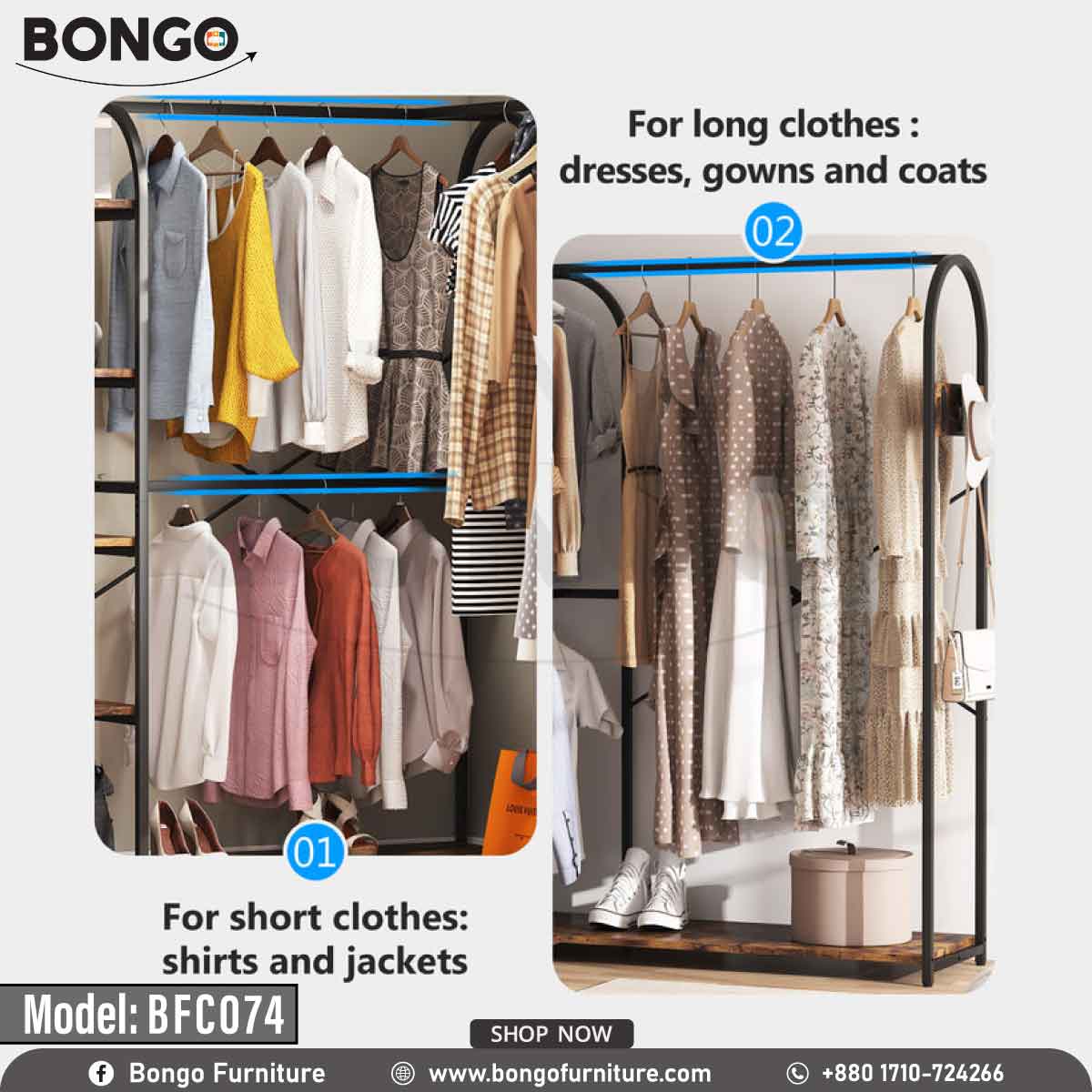 A black space saver garment rack with multiple hangers and shelves, filled with various clothing items and accessories.