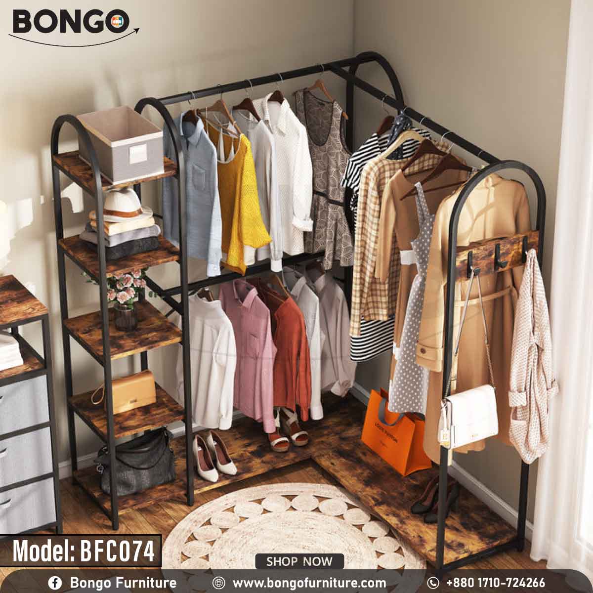 A black space saver garment rack with multiple hangers and shelves, filled with various clothing items and accessories.