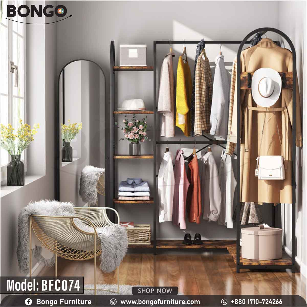 A black space saver garment rack with multiple hangers and shelves, filled with various clothing items and accessories.