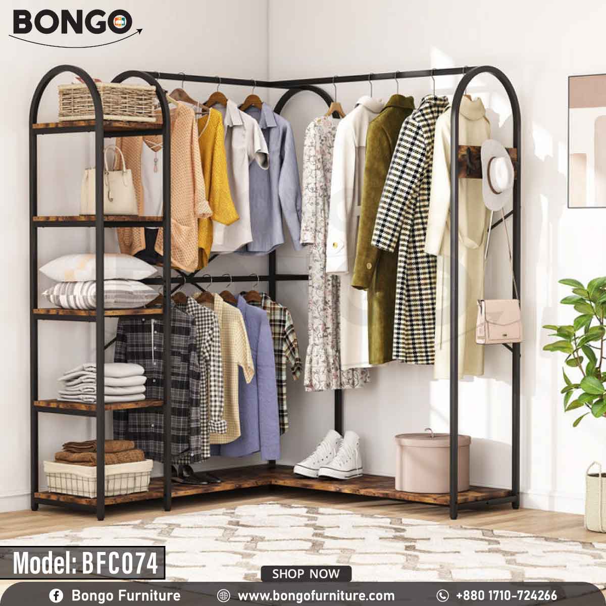 A black space saver garment rack with multiple hangers and shelves, filled with various clothing items and accessories.