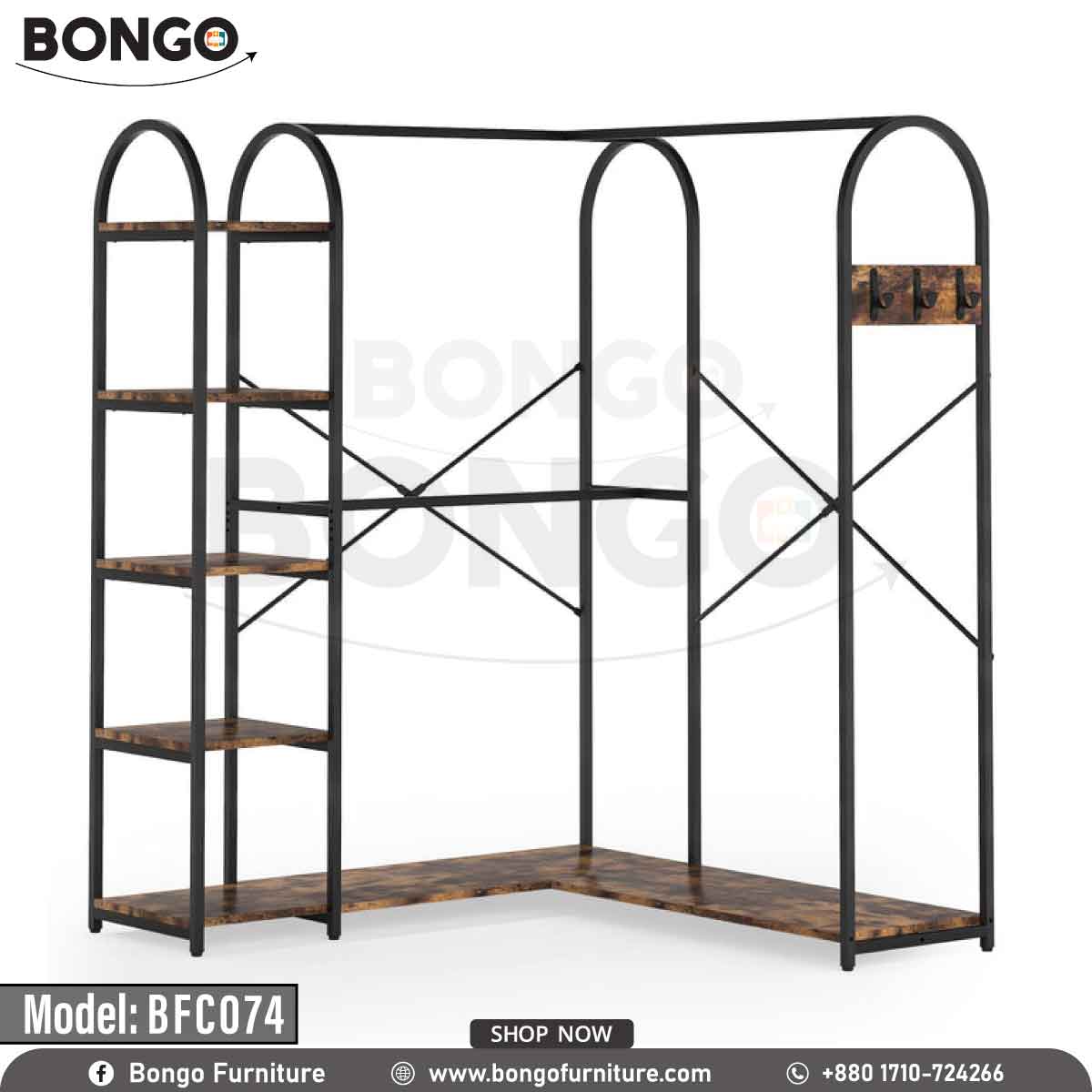 A black space saver garment rack with multiple hangers and shelves, filled with various clothing items and accessories.