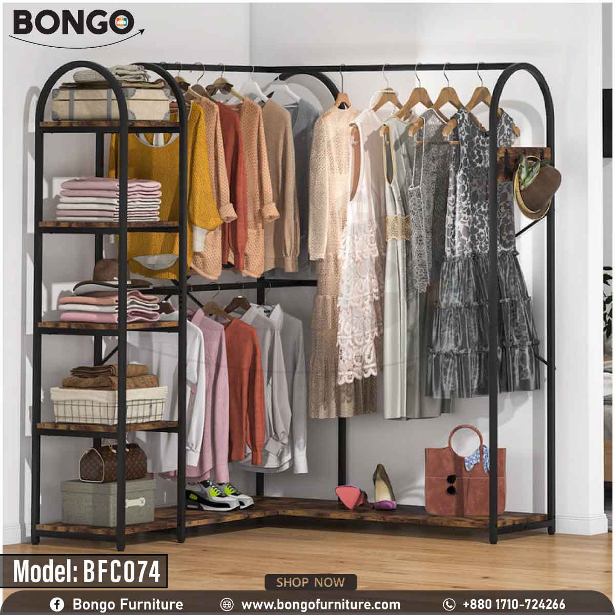 A black space saver garment rack with multiple hangers and shelves, filled with various clothing items and accessories.