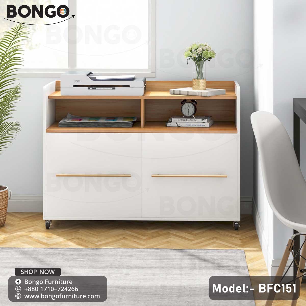 A white laminated drawer unit with multiple drawers, a printer, and various office supplies on the desk top, set against a blue wall in a room with natural lighting.