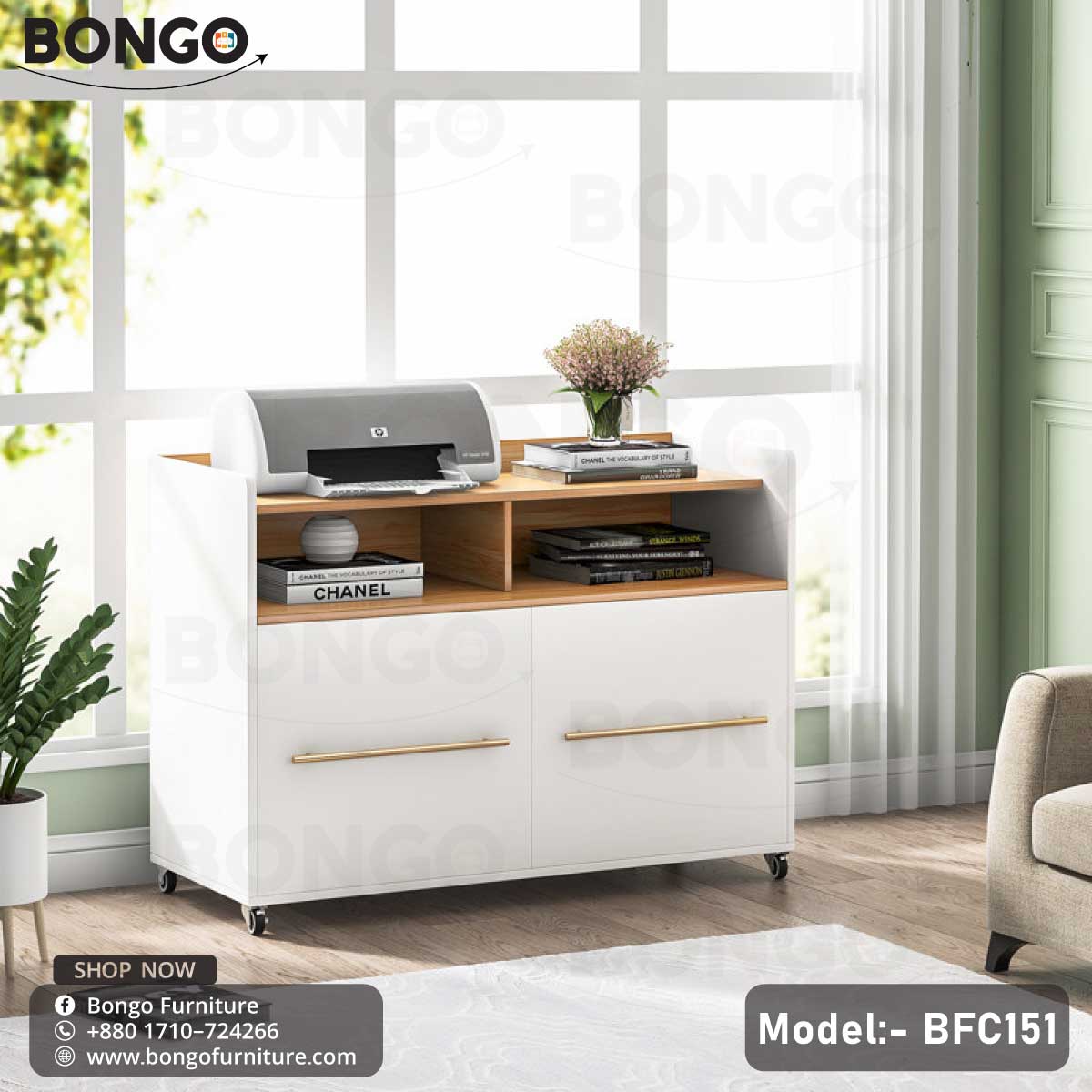 A white laminated drawer unit with multiple drawers, a printer, and various office supplies on the desk top, set against a blue wall in a room with natural lighting.