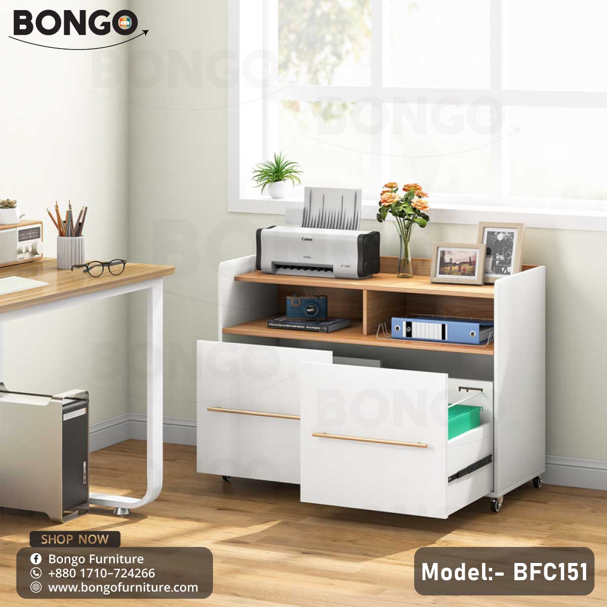 A white laminated drawer unit with multiple drawers, a printer, and various office supplies on the desk top, set against a blue wall in a room with natural lighting.