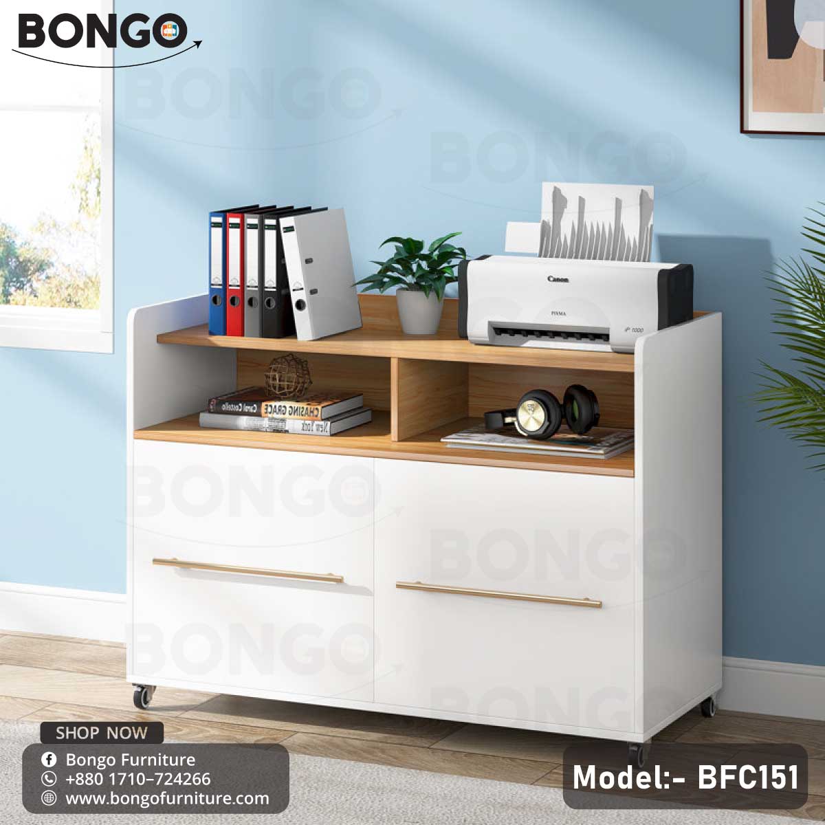 A white laminated drawer unit with multiple drawers, a printer, and various office supplies on the desk top, set against a blue wall in a room with natural lighting.