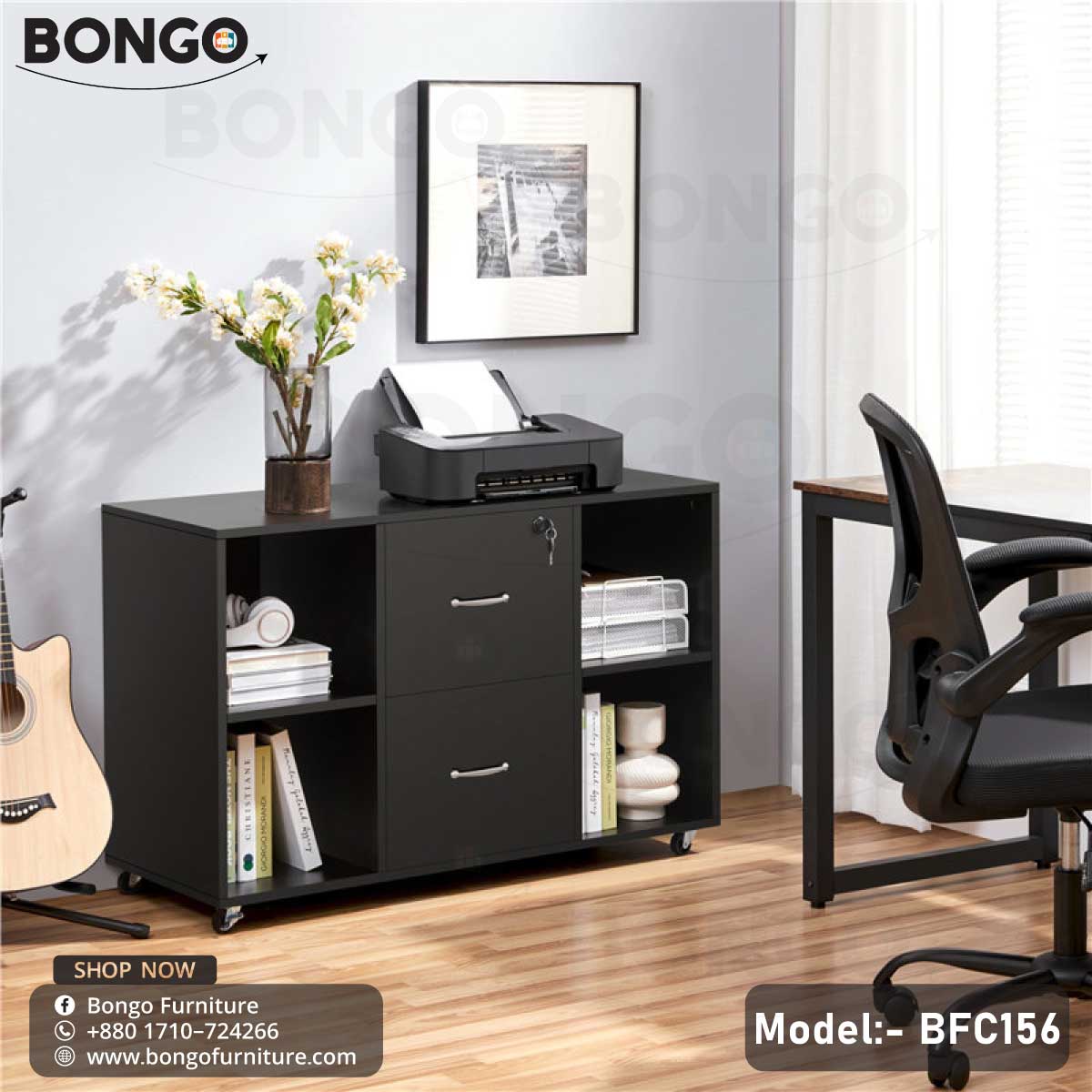 Black mobile storage cabinet on caster wheels, designed for office use. The cabinet has a central stack of two large drawers with black handles, flanked on either side by open shelving units. The top of the cabinet holds a printer, while the shelves are filled with books and various storage baskets.