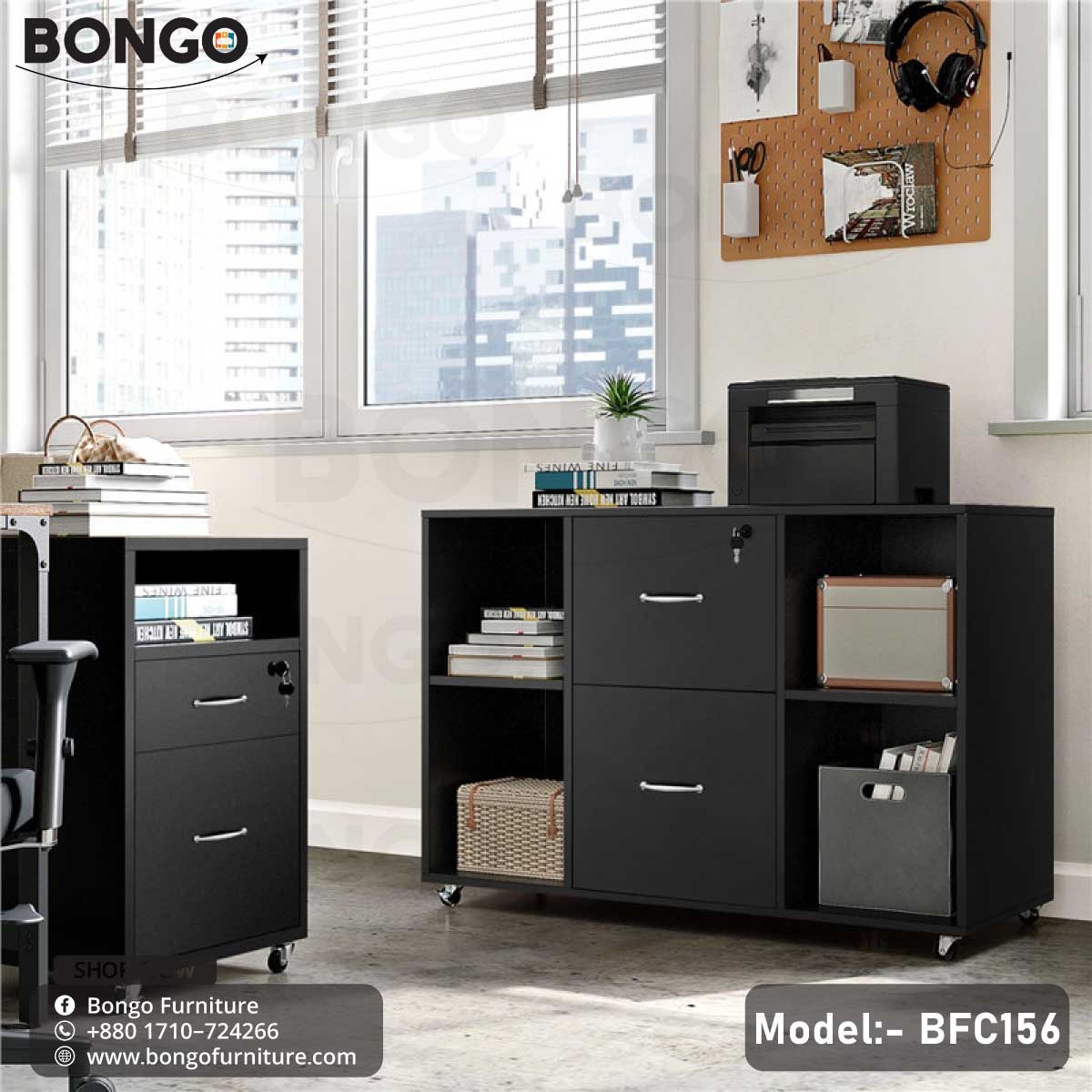 Black mobile storage cabinet on caster wheels, designed for office use. The cabinet has a central stack of two large drawers with black handles, flanked on either side by open shelving units. The top of the cabinet holds a printer, while the shelves are filled with books and various storage baskets.