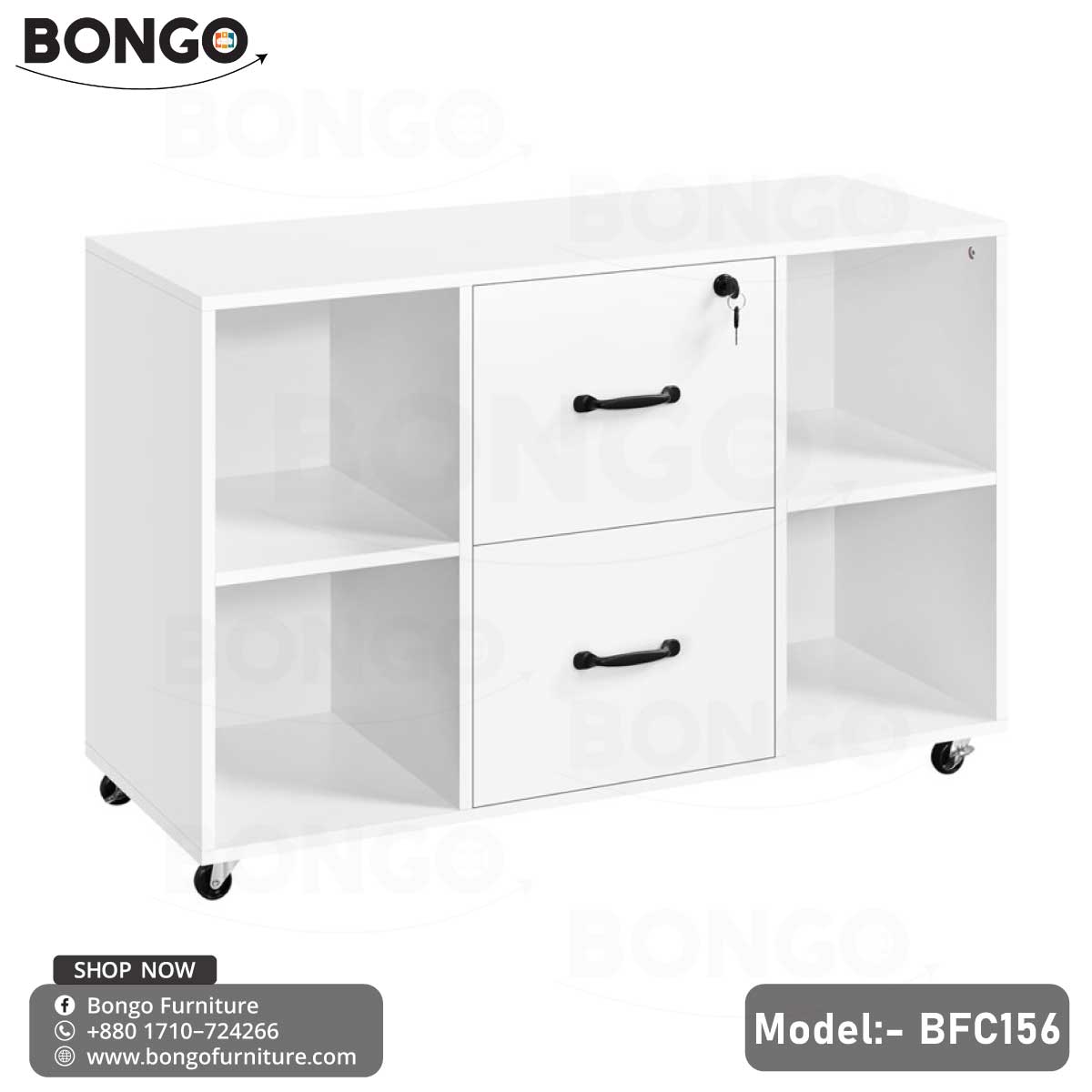 A white mobile office storage cabinet on caster wheels, shown against a plain background. The unit features a central stack of two drawers with black handles, the top of which is lockable. The drawers are flanked on either side by open, two-tier shelving units.