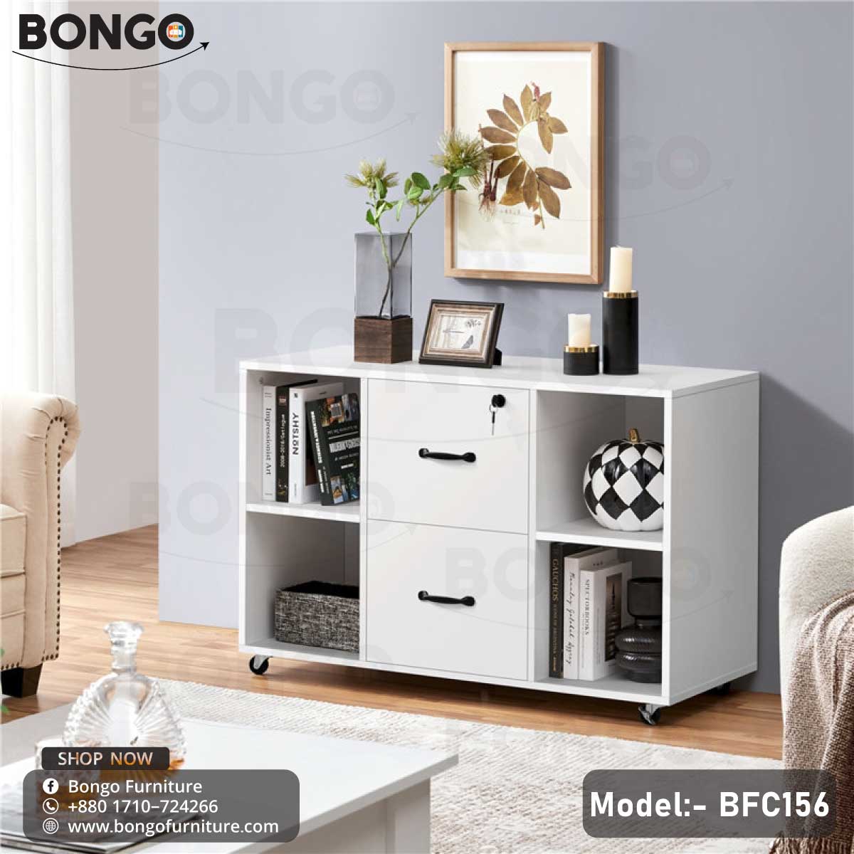 white mobile storage cabinet on caster wheels, designed for office use. The cabinet has a central stack of two large drawers with black handles, flanked on either side by open shelving units. The top of the cabinet holds a printer, while the shelves are filled with books and various storage baskets.