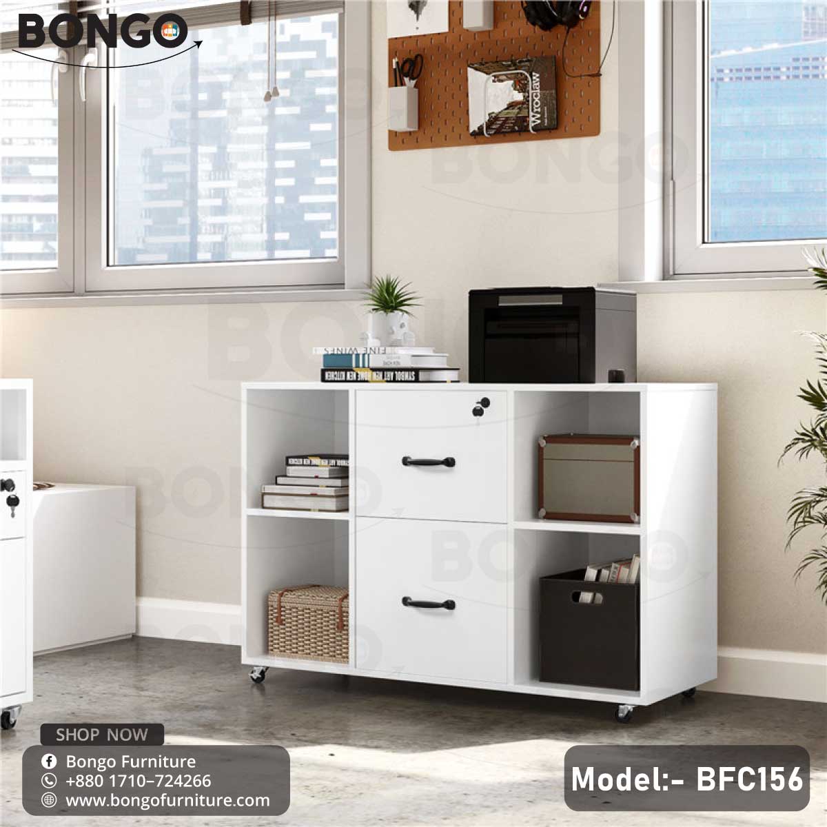 A low, white mobile storage cabinet on caster wheels, designed for office use. The cabinet has a central stack of two large drawers with black handles, flanked on either side by open shelving units. The top of the cabinet holds a printer, while the shelves are filled with books and various storage baskets.