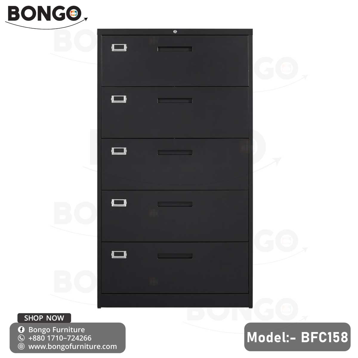 A black steel storage unit with multiple drawers, labeled as Model BFC158, partially open to show the interior, placed in a room with a window and a white desk.