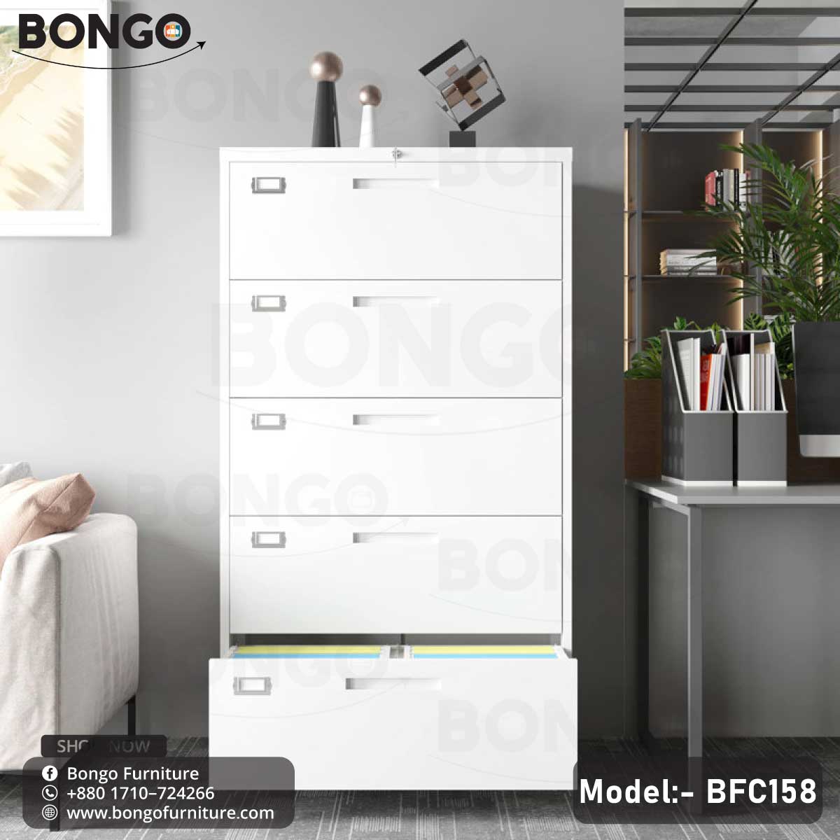 A White steel storage unit with multiple drawers, labeled as Model BFC158, partially open to show the interior, placed in a room with a window and a white desk.