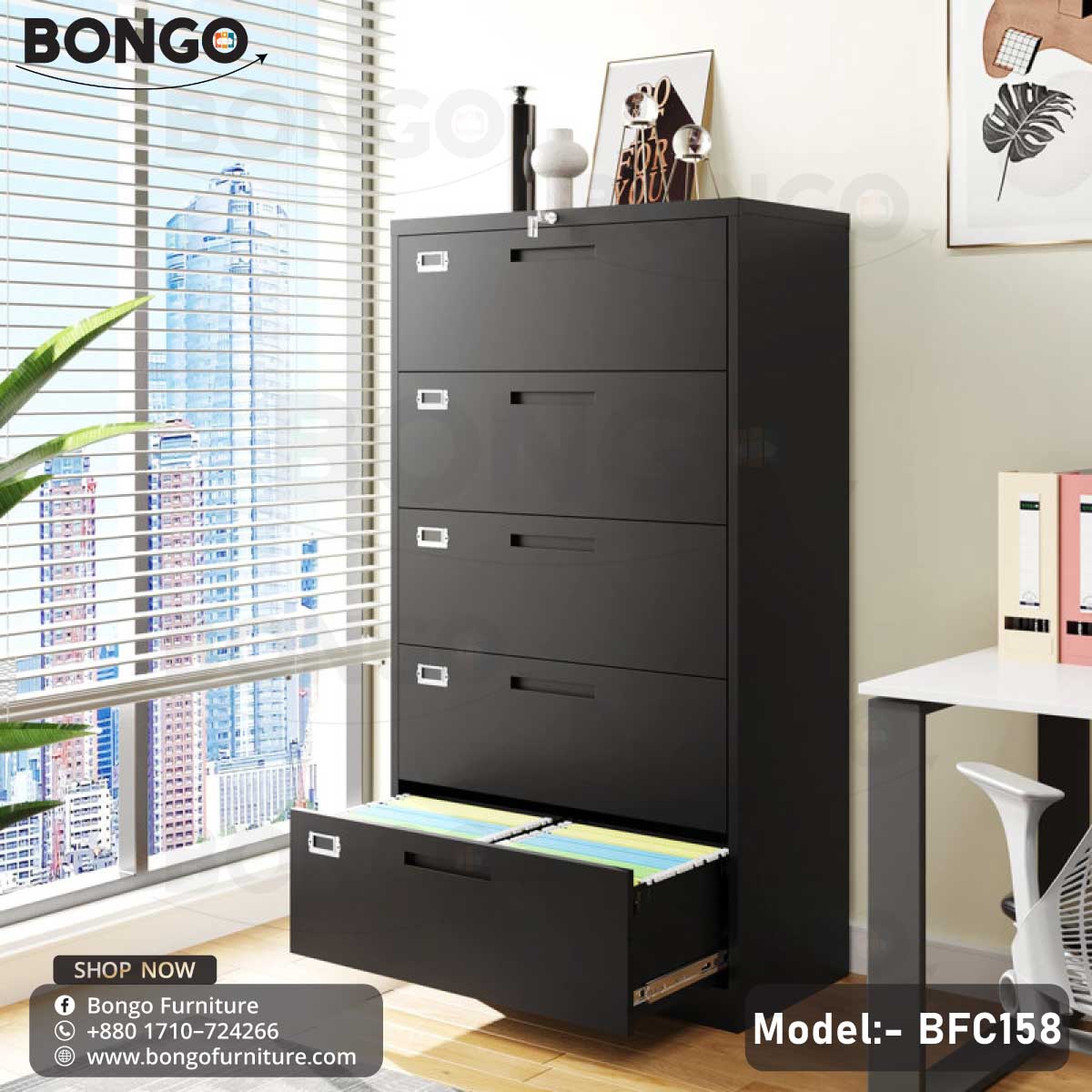 A black steel storage unit with multiple drawers, labeled as Model BFC158, partially open to show the interior, placed in a room with a window and a white desk.