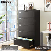 A black steel storage unit with multiple drawers, labeled as Model BFC158, partially open to show the interior, placed in a room with a window and a white desk.