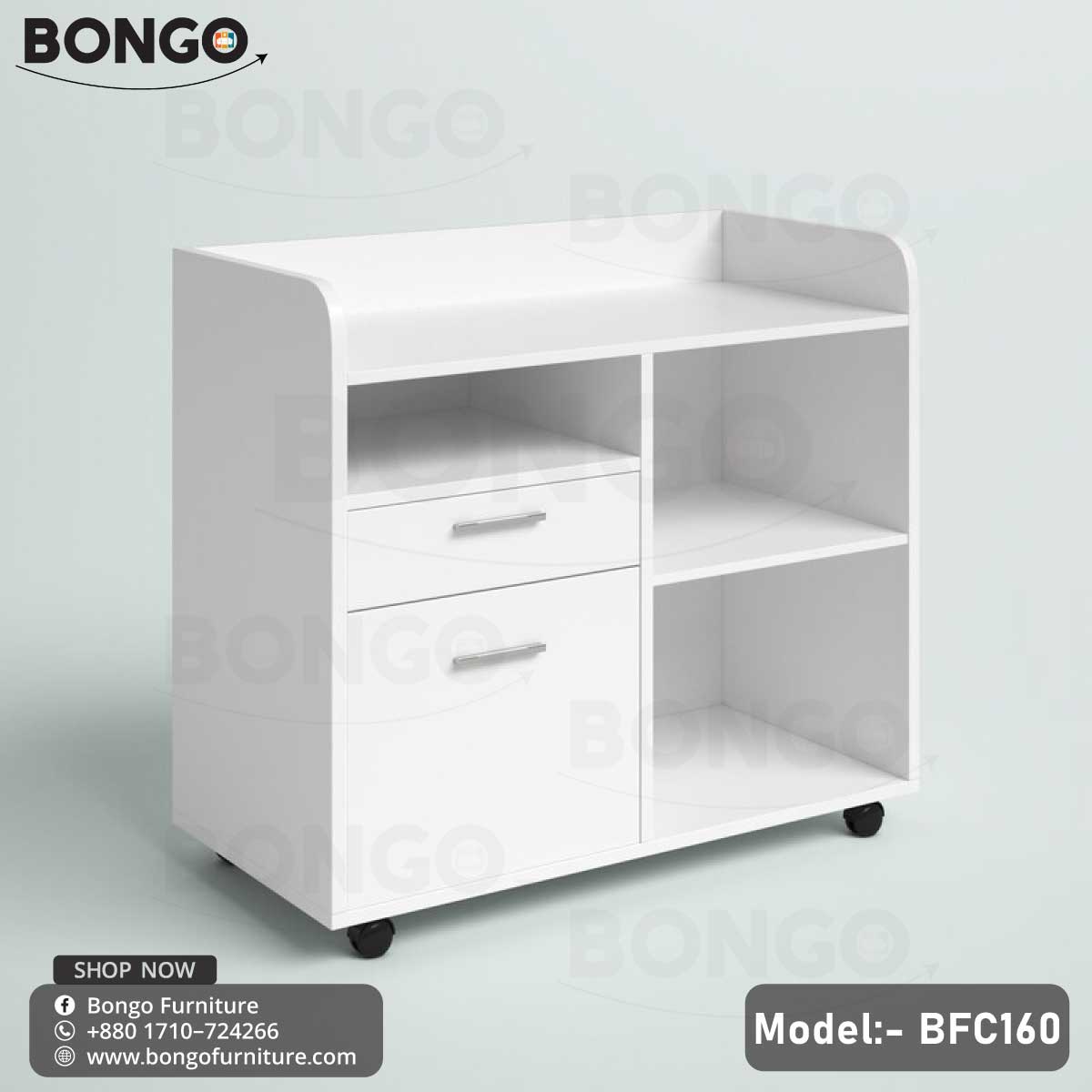 A white Enigma Drawer Unit with model number BFC160, featuring a single drawer and a lower shelf, set against a background of a living room with a potted plant and decorative items.