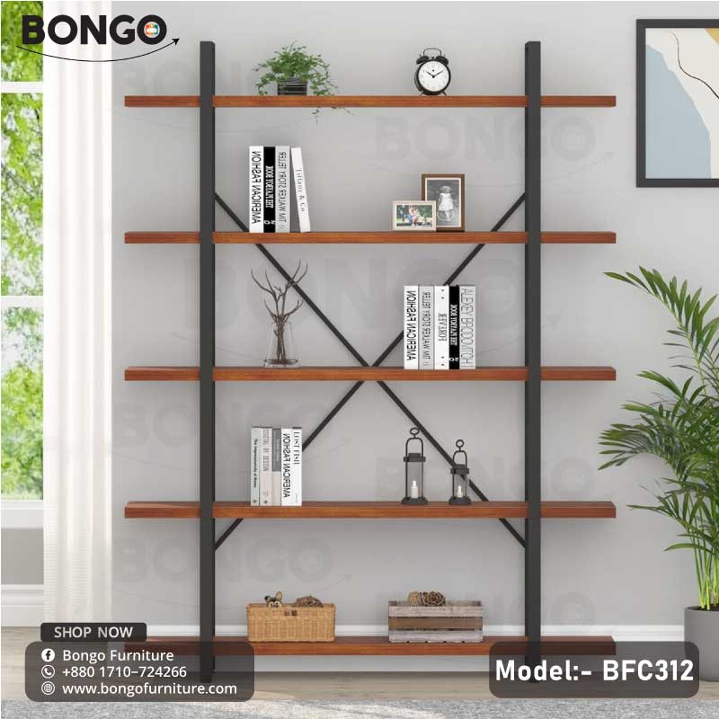 A brown bamboo bookcase with black metal frame, featuring multiple shelves with books, decorative items, and a picture frame on the top shelf.