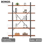 A brown bamboo bookcase with black metal frame, featuring multiple shelves with books, decorative items, and a picture frame on the top shelf.