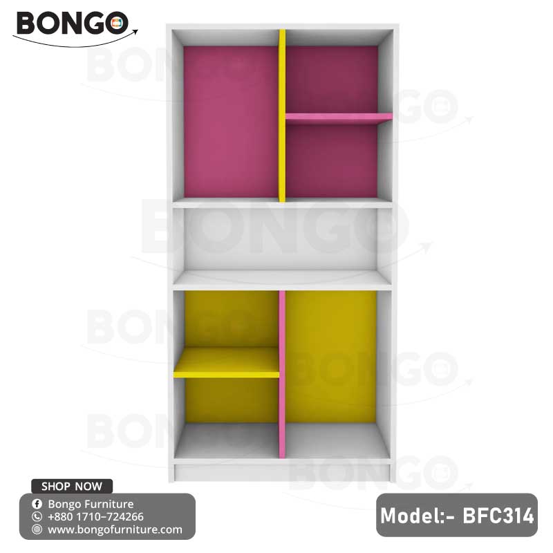 A modern white bookshelf from BONGO, featuring a playful, color-blocked design with bright magenta and yellow back panels and a central divider. The bookcase has an asymmetrical layout of open shelves, which are staged with books, binders, and decorative objects.