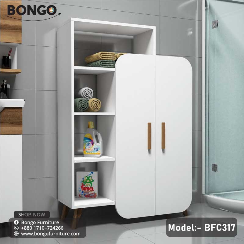 A white mysterious bookshelf (model BFC317) with two doors, placed in a bathroom setting, with various items on the shelves.