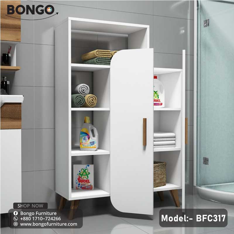 A white mysterious bookshelf (model BFC317) with two doors, placed in a bathroom setting, with various items on the shelves.