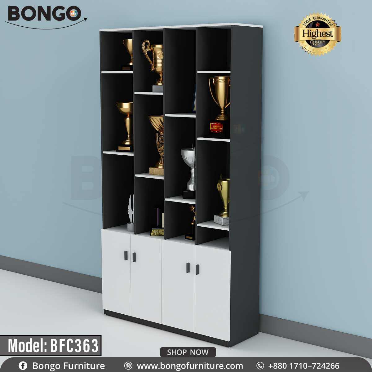 A black trophy cabinet with multiple shelves, filled with various trophies and awards.