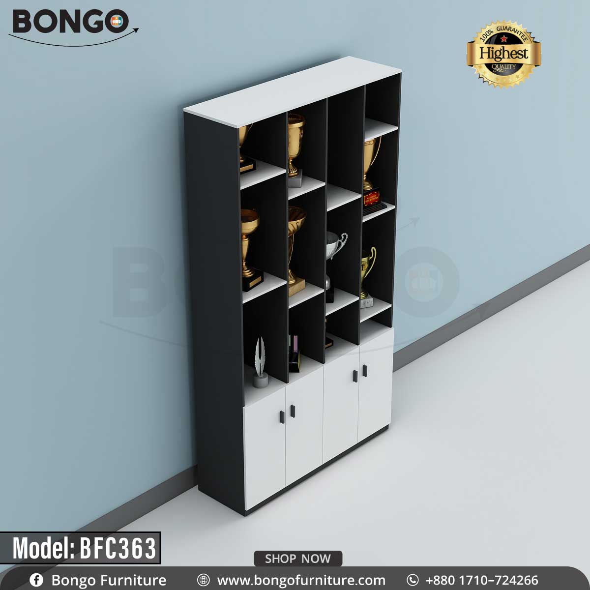 A black trophy cabinet with multiple shelves, filled with various trophies and awards.