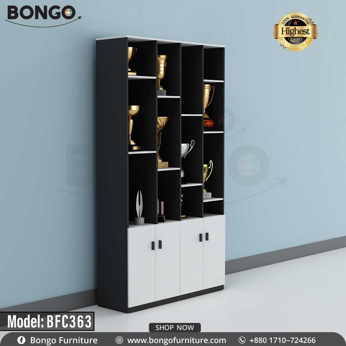 A black trophy cabinet with multiple shelves, filled with various trophies and awards.