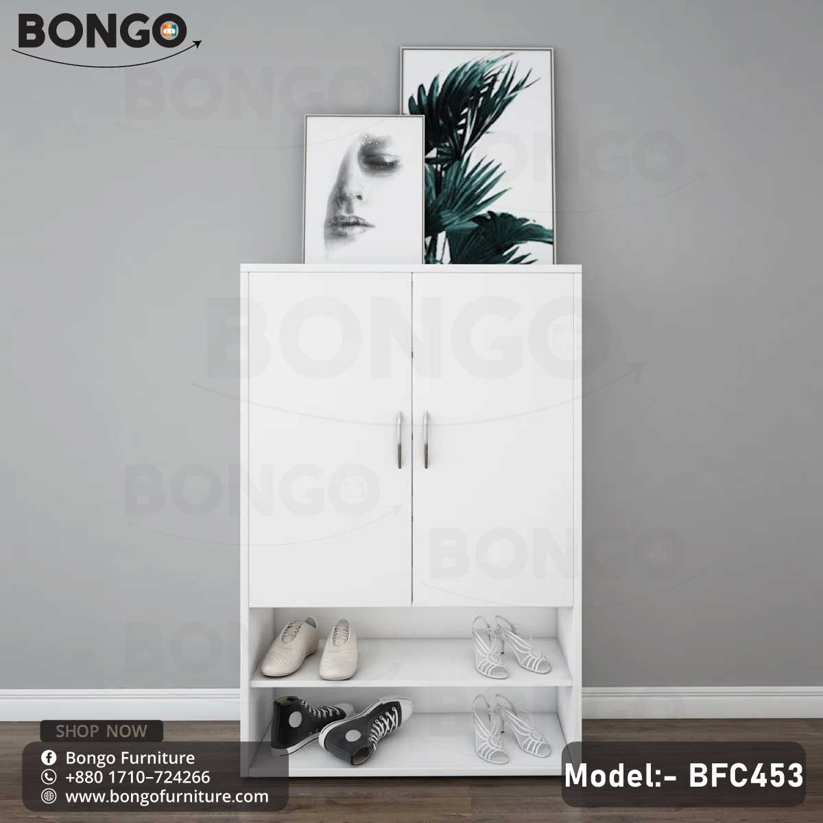 A white footwear shoe rack with multiple compartments, placed against a grey wall with a black shelf on top of it, displaying various shoes and a decorative plant.