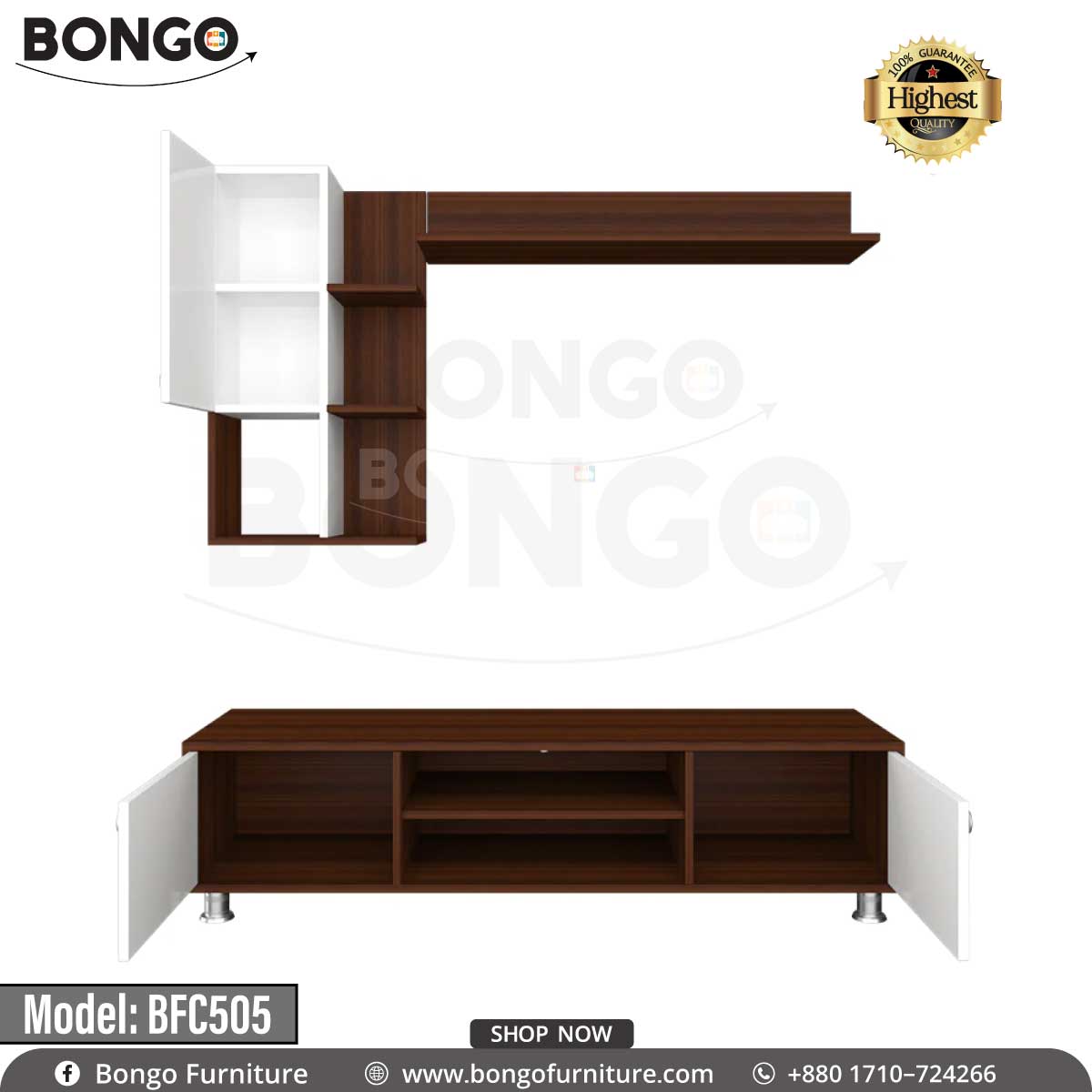 A white platform TV shelf with a flat-screen TV on top and a brown media console with a soundbar below. The room has a modern aesthetic with a patterned wall and contemporary furniture.