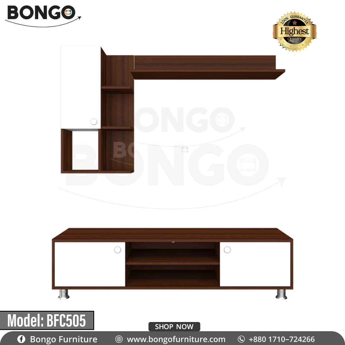 A white platform TV shelf with a flat-screen TV on top and a brown media console with a soundbar below. The room has a modern aesthetic with a patterned wall and contemporary furniture.