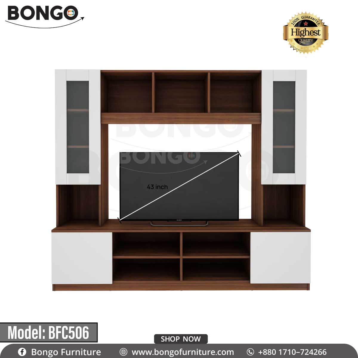 A brown and white monitor TV shelf with glass doors and various decorative items, a TV is placed on the shelf with a plant and books around it.