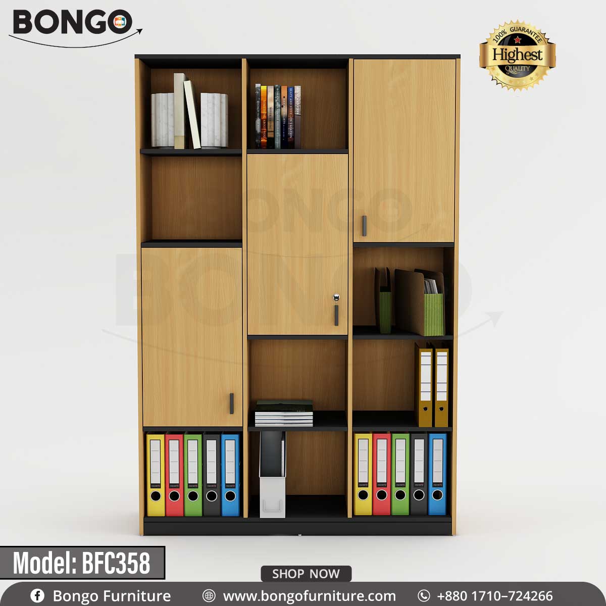 A tall wooden file cabinet with multiple drawers and shelves, fully stocked with files and office supplies, and a label at the top left corner indicating the model number BFC358.