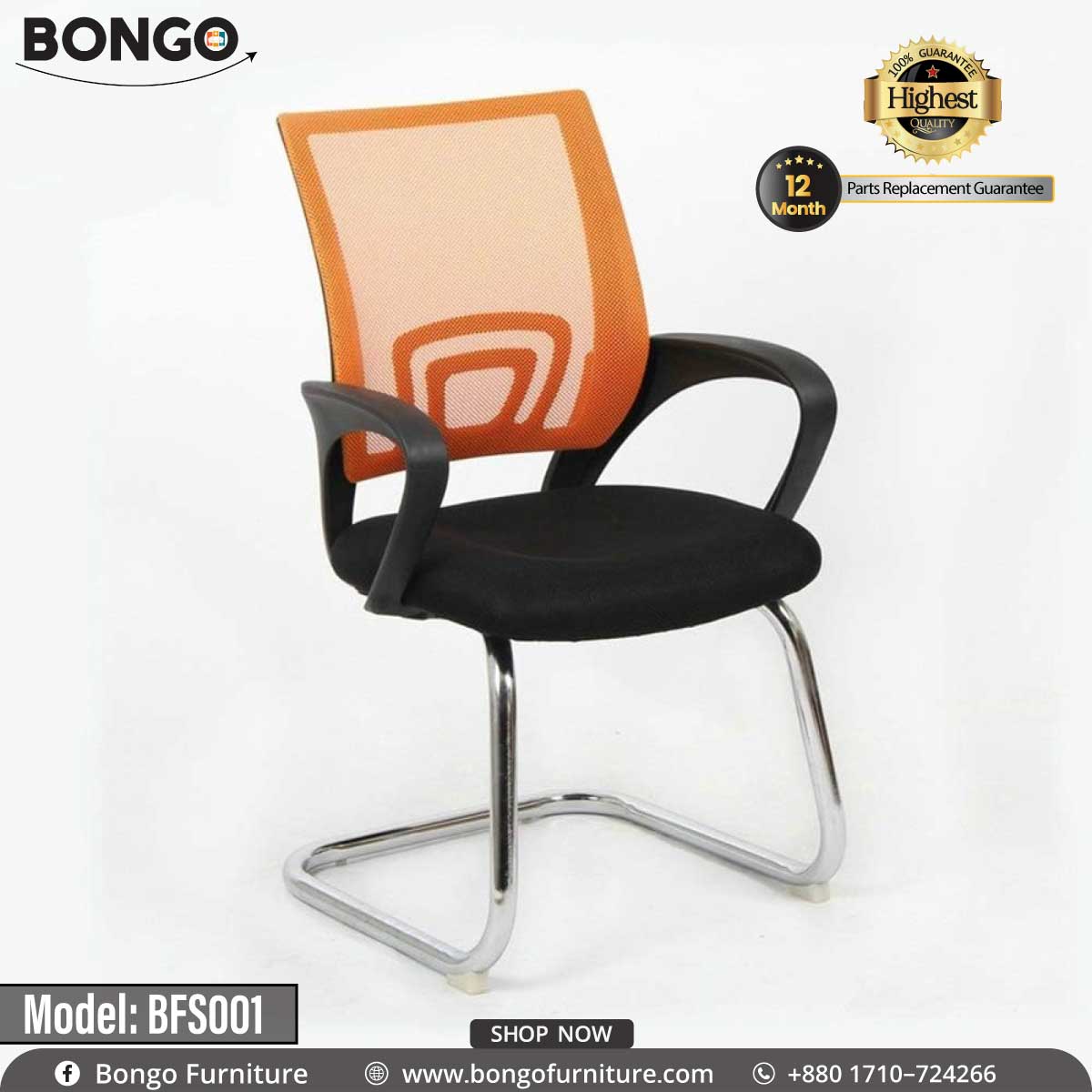 A Bongo brand visitor chair with a Orange fabric seat and backrest, black foam padding, and a chrome-plated base and frame.