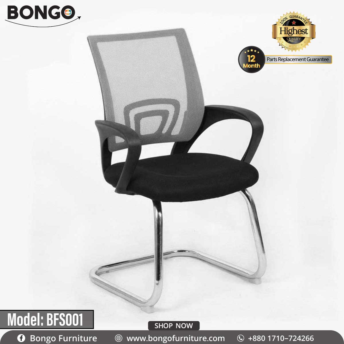 A Bongo brand visitor chair with a gray fabric seat and backrest, black foam padding, and a chrome-plated base and frame.