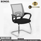 A Bongo brand visitor chair with a gray fabric seat and backrest, black foam padding, and a chrome-plated base and frame.
