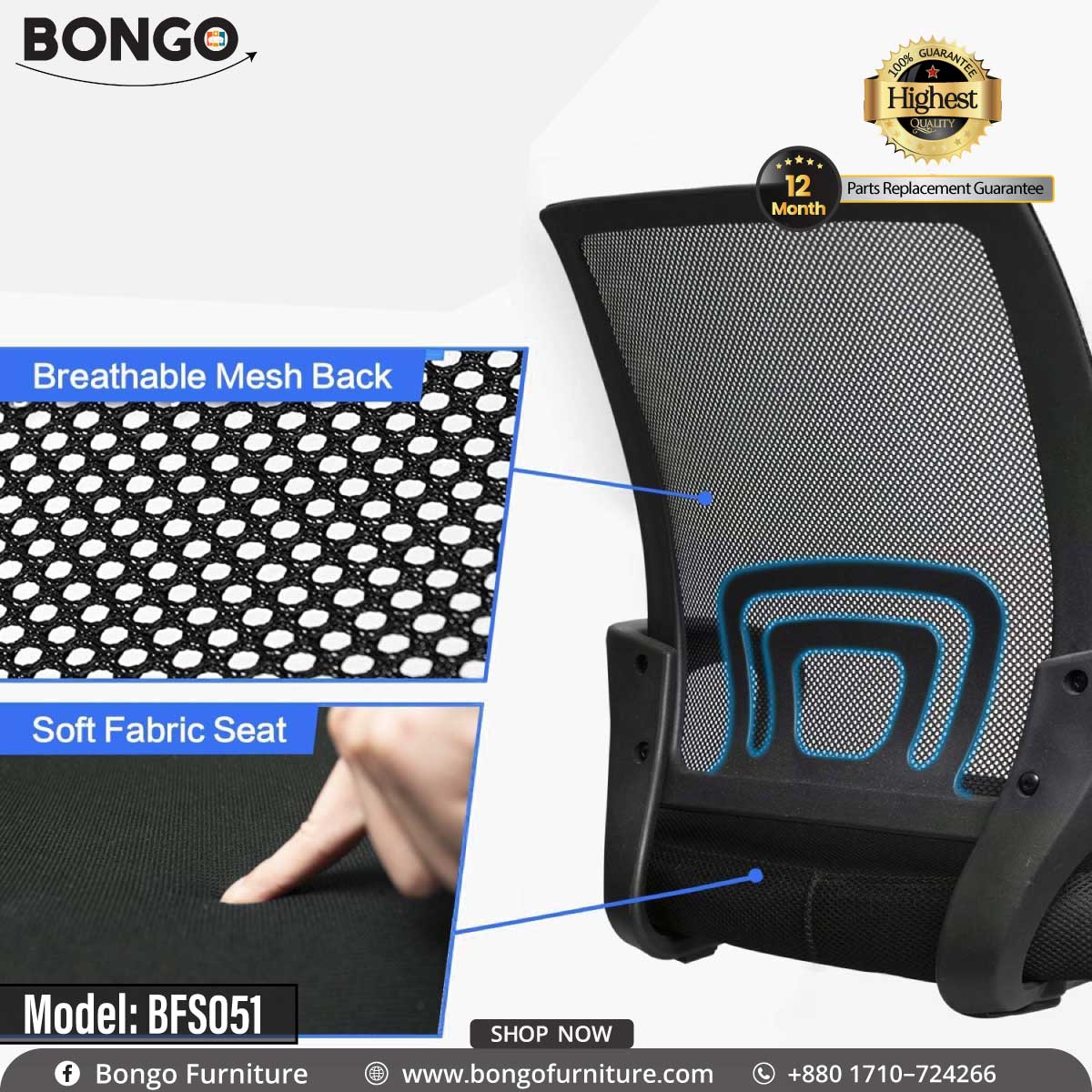 A Bongo branded office chair with a Black seat and black frame, model BFS051, on a chrome base with wheels and a gas lift mechanism.