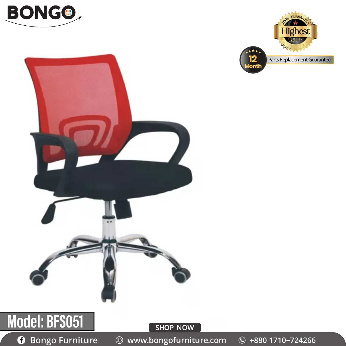 A Bongo branded office chair with a Red seat and black frame, model BFS051, on a chrome base with wheels and a gas lift mechanism.