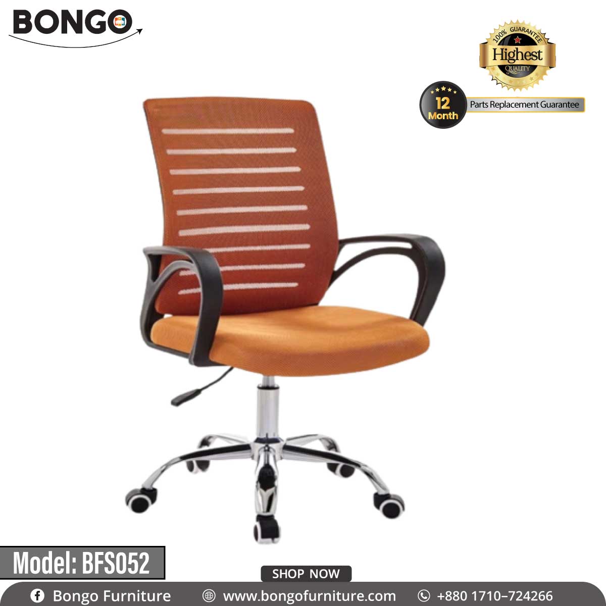 A Orange office chair with a black Orange and a five-point wheeled base, model BFS052, with the Bongo Furniture logo and 'High-Rise' label displayed.