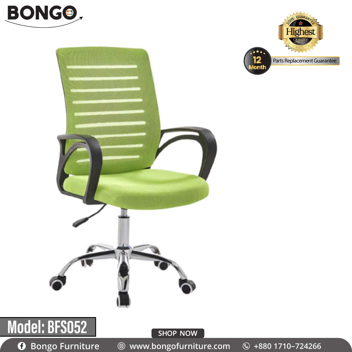 A green office chair with a black frame and a five-point wheeled base, model BFS052, with the Bongo Furniture logo and 'High-Rise' label displayed.
