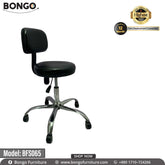A black office chair with a gas lift, model BFS065, from Bongo Furniture. The chair has a fiber plastic frame, a plywood seat, foam cushioning, and polymer leg base with wheels.