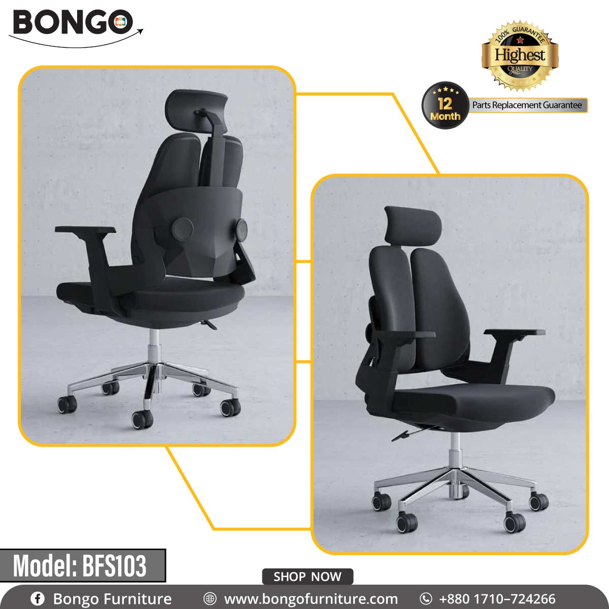 A Black office chair with a headrest, Model: BFS103, by Bongo Furniture, featuring a five-point wheeled base and adjustable armrests.