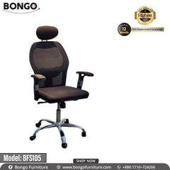 An office chair with a mesh backrest and fabric seat, featuring an adjustable headrest and armrests, set against a white background with the BONGO brand logo. An office chair with a mesh backrest and fabric seat, featuring an adjustable headrest and armrests, set against a white background with the BONGO brand logo.