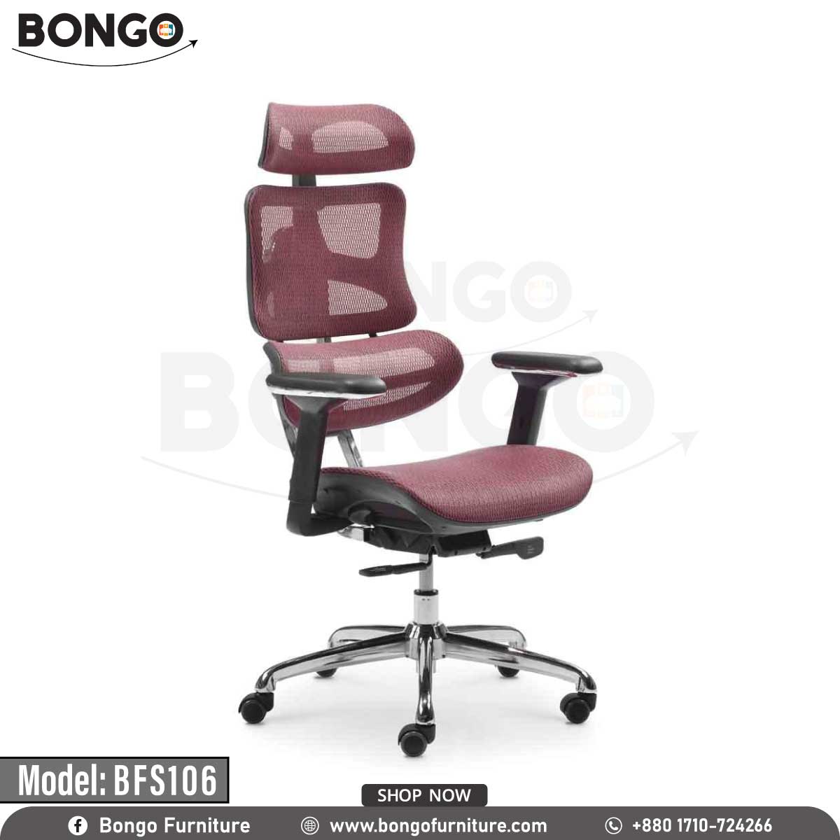 A Red Wine office chair with a mesh backrest, aluminum base, and 360-degree nylon wheels. The chair has adjustable armrests and a headrest, and is presented against a white background with the Bongo Furniture logo.